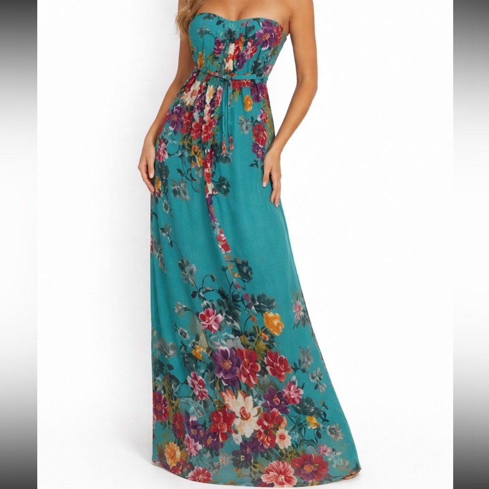 Lavender Brown Strapless Teal Floral Maxi Dress XS Boho Flowy NWT